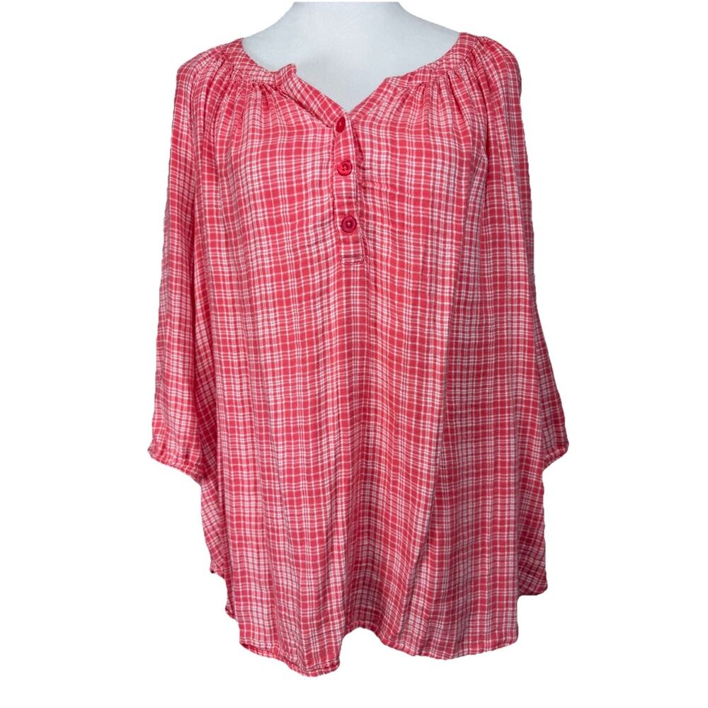 Catherines‎ 2X Tunic Top Blouse Coral White Plaid Loose Fit Boho Spring Easter